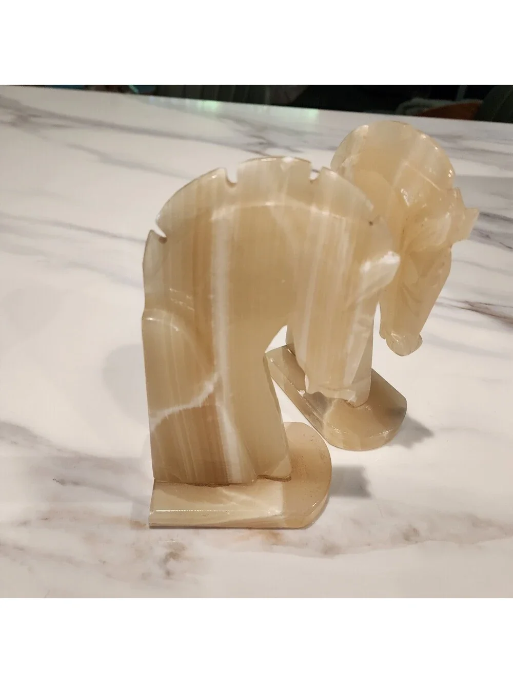 Vintage Banded Onyx Horse Head Bookends Pair Cream Honey Carved Stone